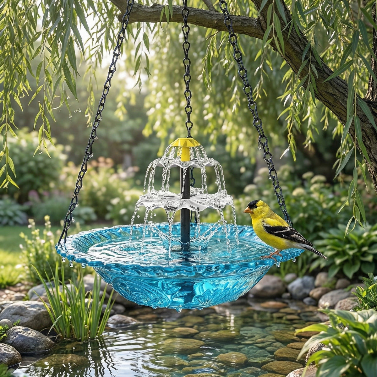 Hanging Solar Bird Bath with Two-Tier Glass Waterfall, 25.5cm