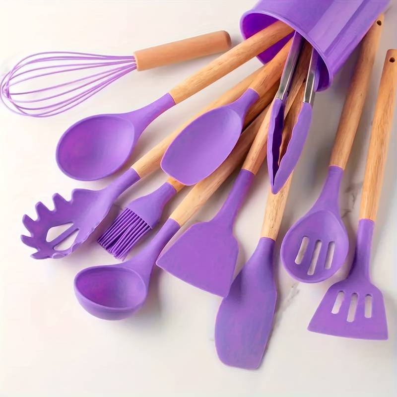 12-Piece Silicone Cooking Utensil Set, Wooden Handles, 230C
