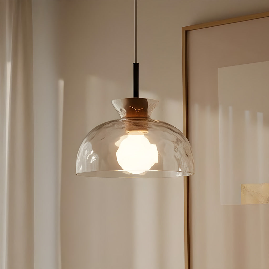 Hammered Clear Glass Dome Pendant Light with Wood Accents