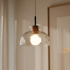 Hammered Clear Glass Dome Pendant Light with Wood Accents