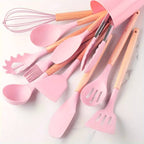 12-Piece Silicone Utensil Set with Wooden Handles, 9 Colours