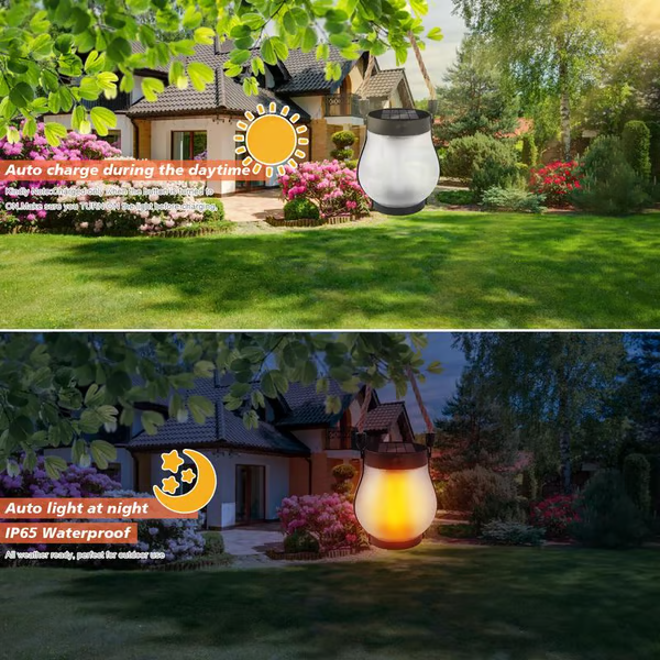 Solar Flame-Effect Garden Lantern, USB-C Rechargeable Metal