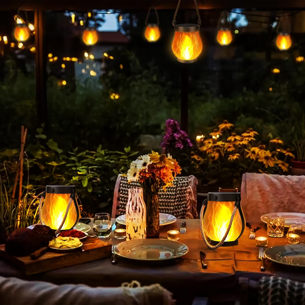 Solar Flame-Effect Garden Lantern, USB-C Rechargeable Metal