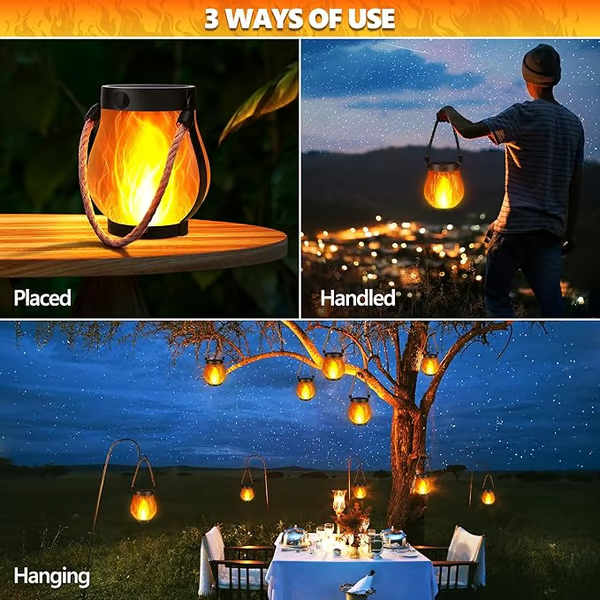 Solar Flame-Effect Garden Lantern, USB-C Rechargeable Metal
