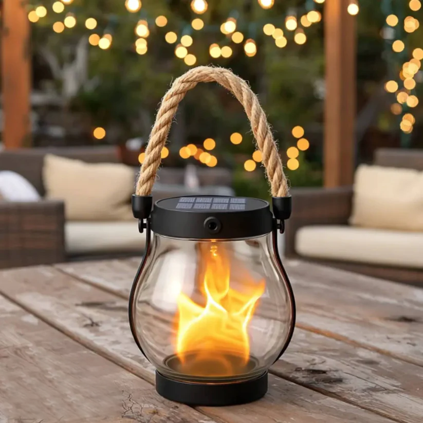 Solar Flame-Effect Garden Lantern, USB-C Rechargeable Metal