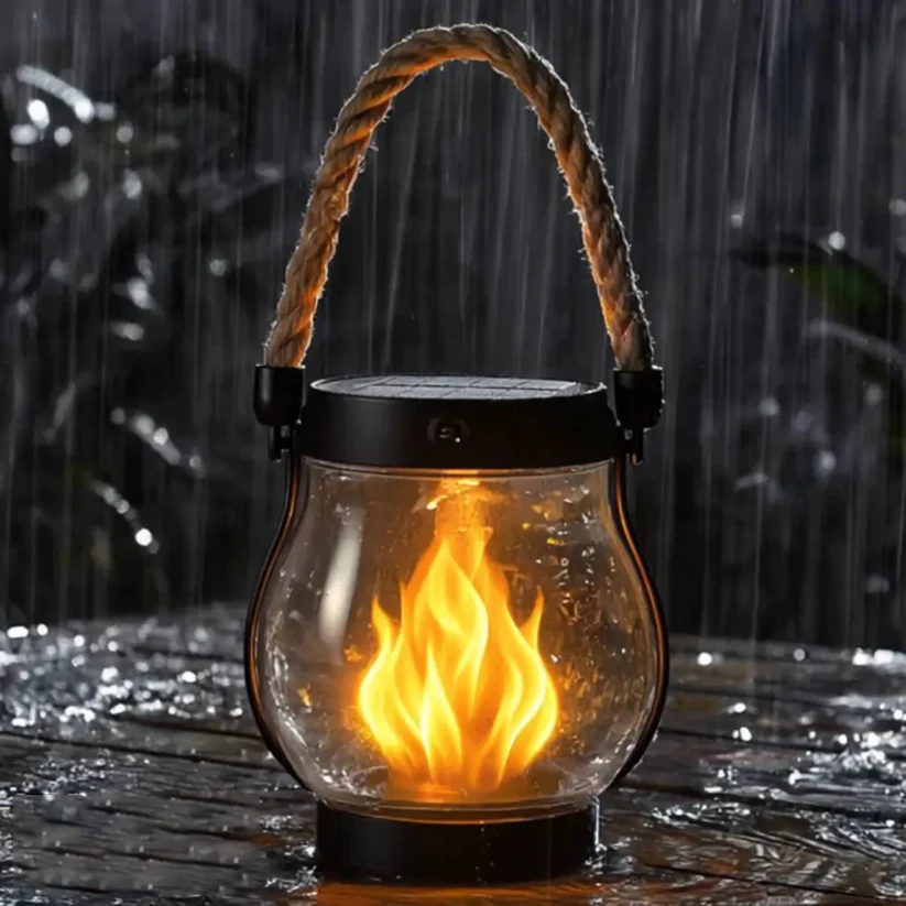 Solar Flame-Effect Garden Lantern, USB-C Rechargeable Metal