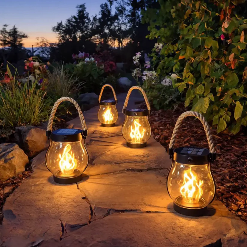 Solar Flame-Effect Garden Lantern, USB-C Rechargeable Metal