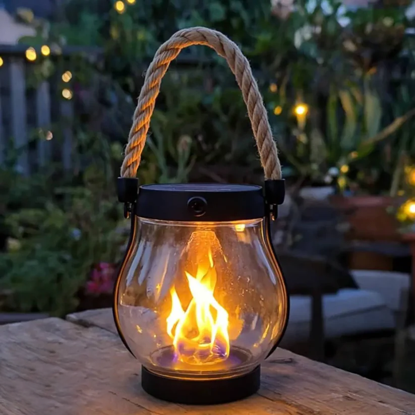Solar Flame-Effect Garden Lantern, USB-C Rechargeable Metal