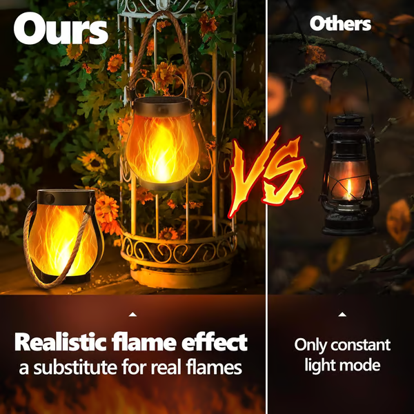Solar Flame-Effect Garden Lantern, USB-C Rechargeable Metal