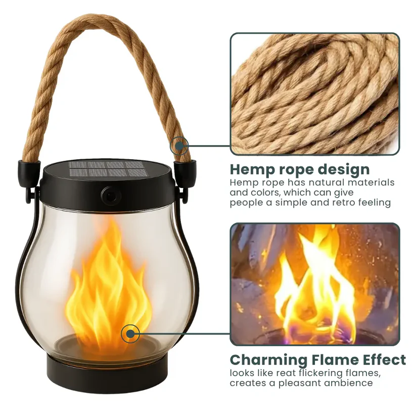 Solar Flame-Effect Garden Lantern, USB-C Rechargeable Metal