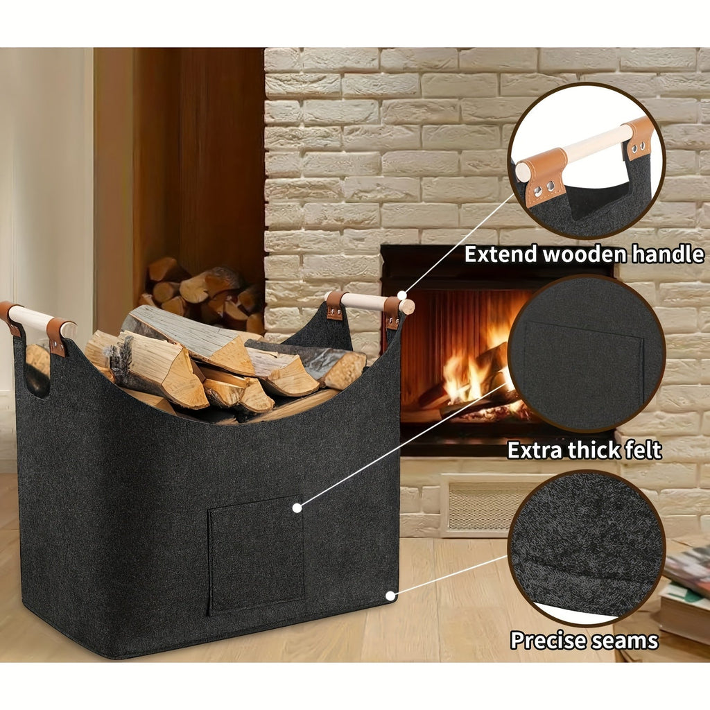 Felt Log Basket 55L with Wooden Handles, Foldable