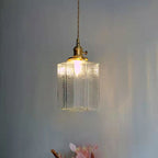 Vintage Ribbed Glass Pendant Light with Iron Frame