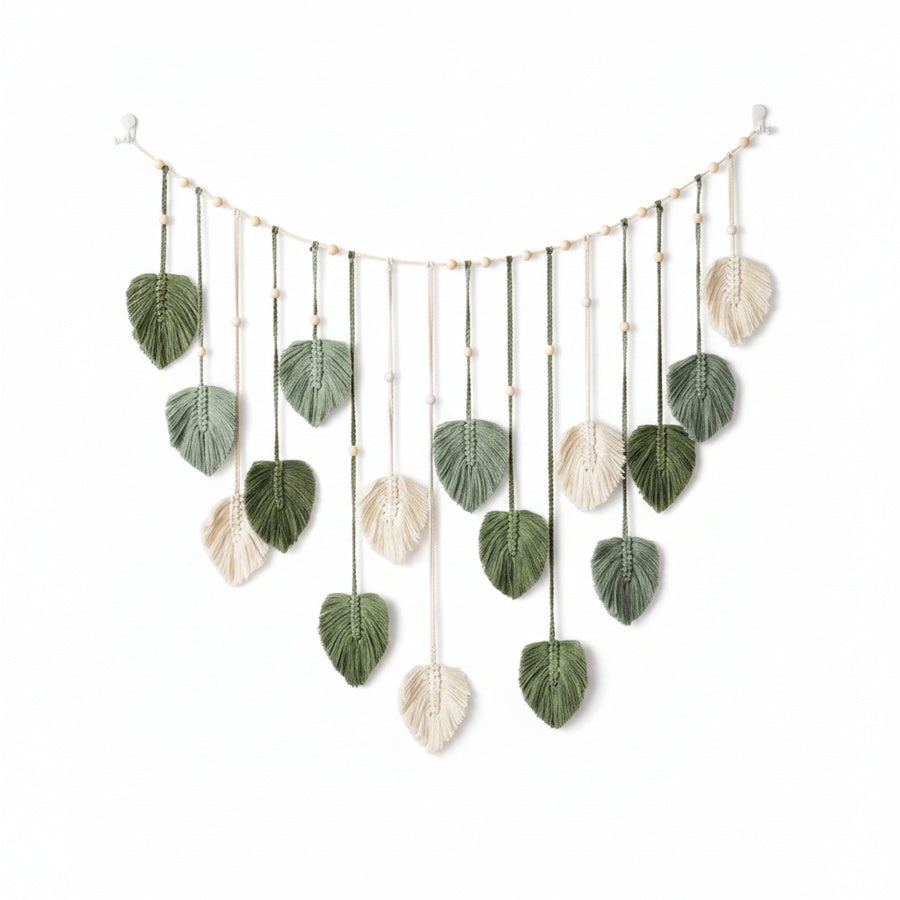 Boho Macrame Leaf Wall Hanging with Wooden Beads, 120 cm