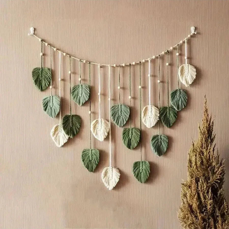 Boho Macrame Leaf Wall Hanging with Wooden Beads, 120 cm