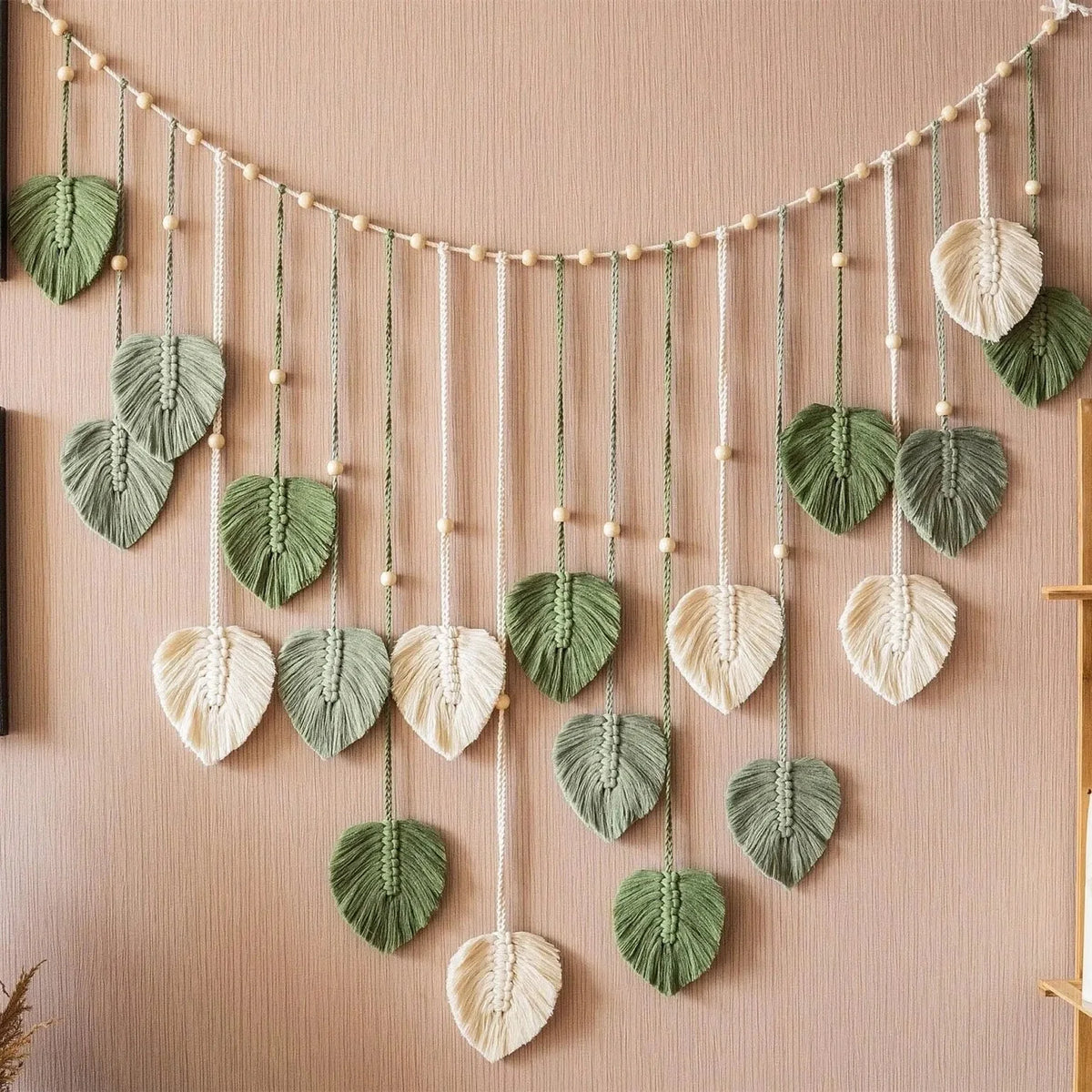 Boho Macrame Leaf Wall Hanging with Wooden Beads, 120 cm