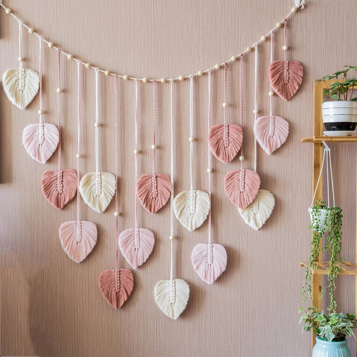 Boho Macrame Leaf Wall Hanging with Wooden Beads, 120 cm
