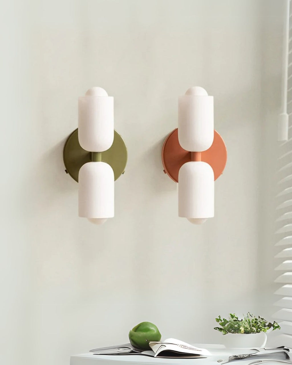 Twin Glass Shade Wall Light, E27, Six Colours, Plug-In or Wired