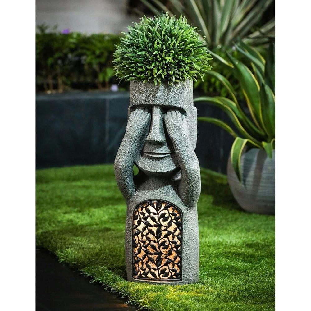 Moai Solar Light Garden Planter with Drainage Hole, 25 cm