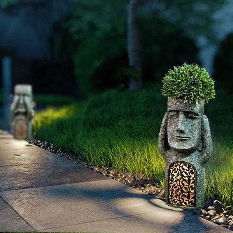 Moai Solar Light Garden Planter with Drainage Hole, 25 cm