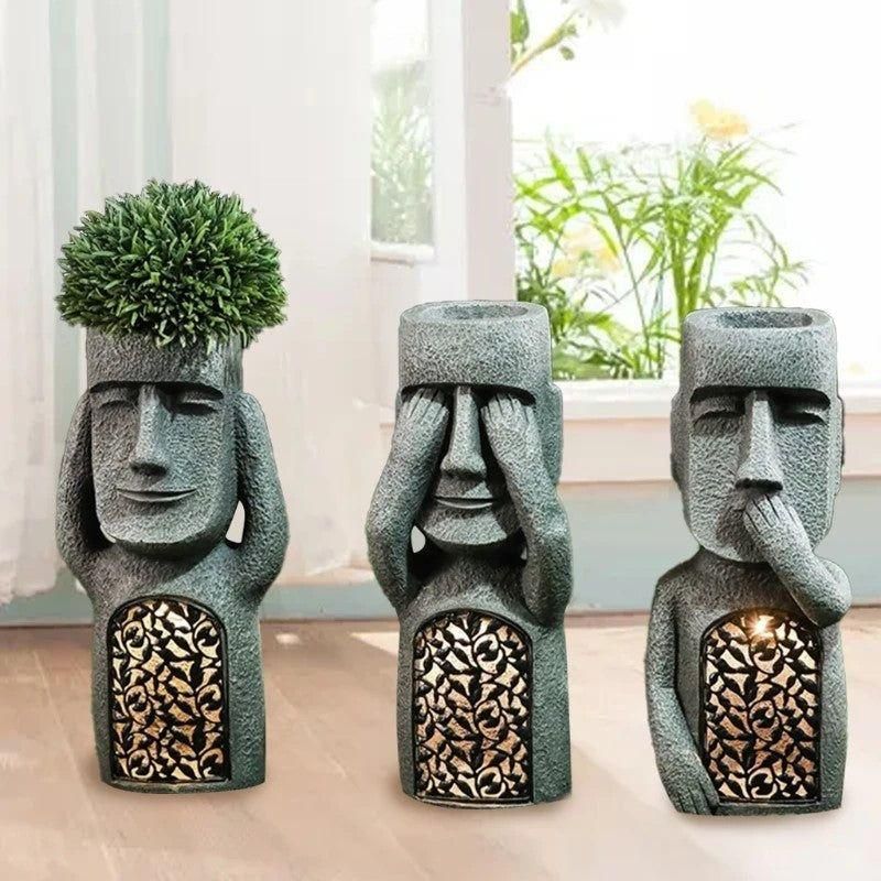Moai Solar Light Garden Planter with Drainage Hole, 25 cm