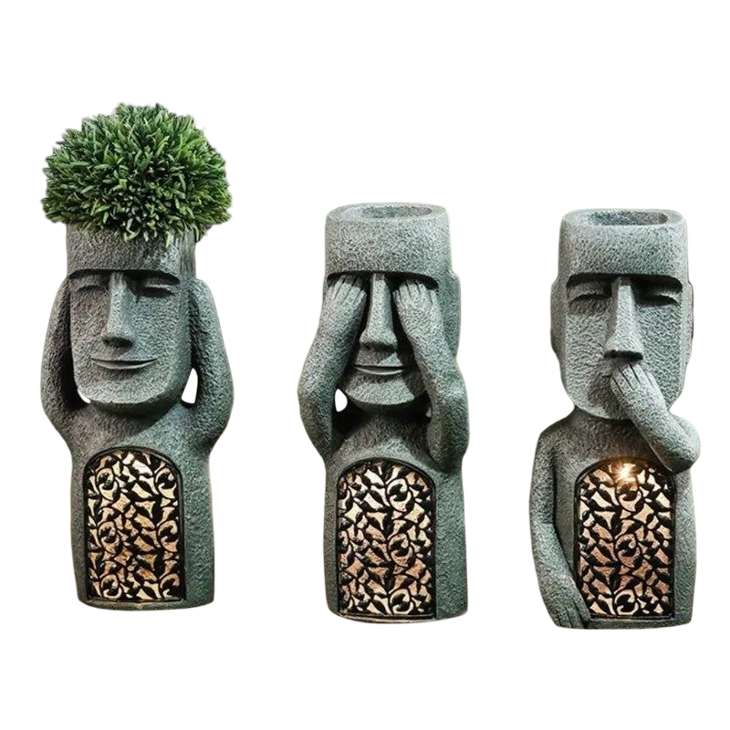 Moai Solar Light Garden Planter with Drainage Hole, 25 cm