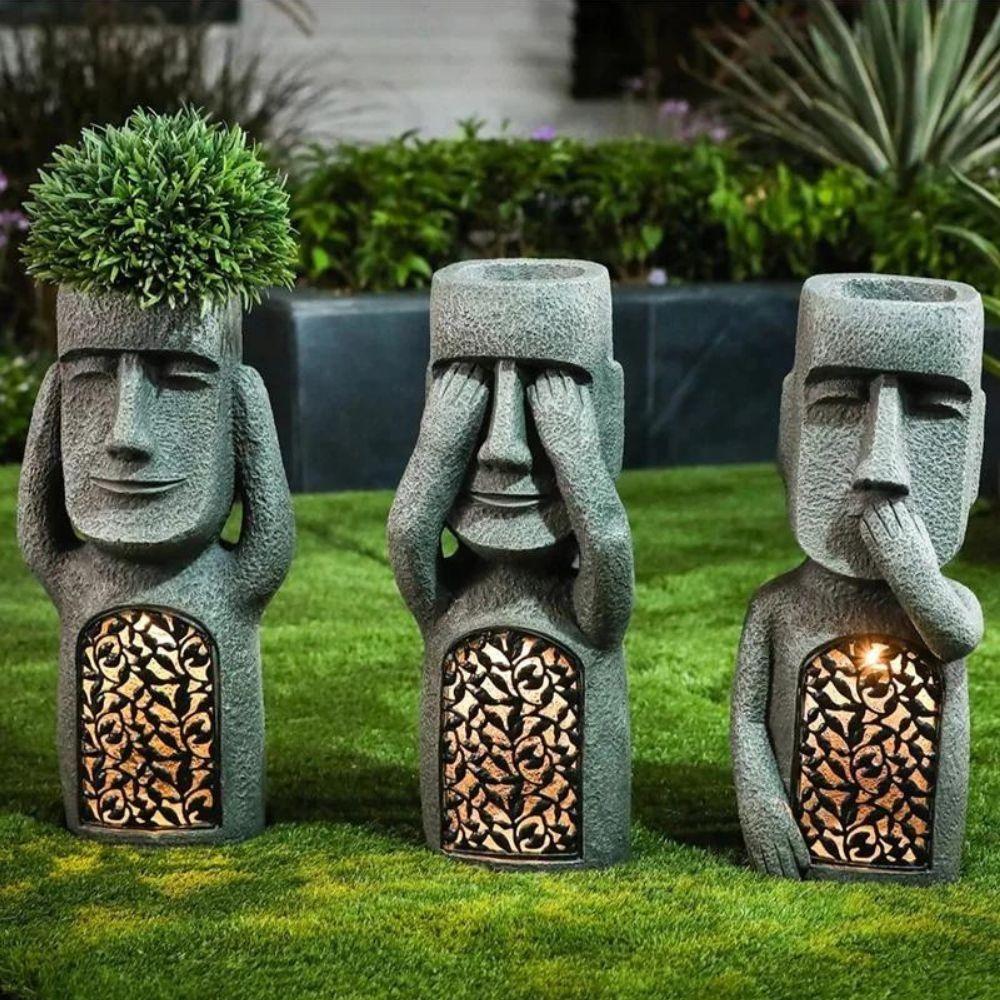 Moai Solar Light Garden Planter with Drainage Hole, 25 cm