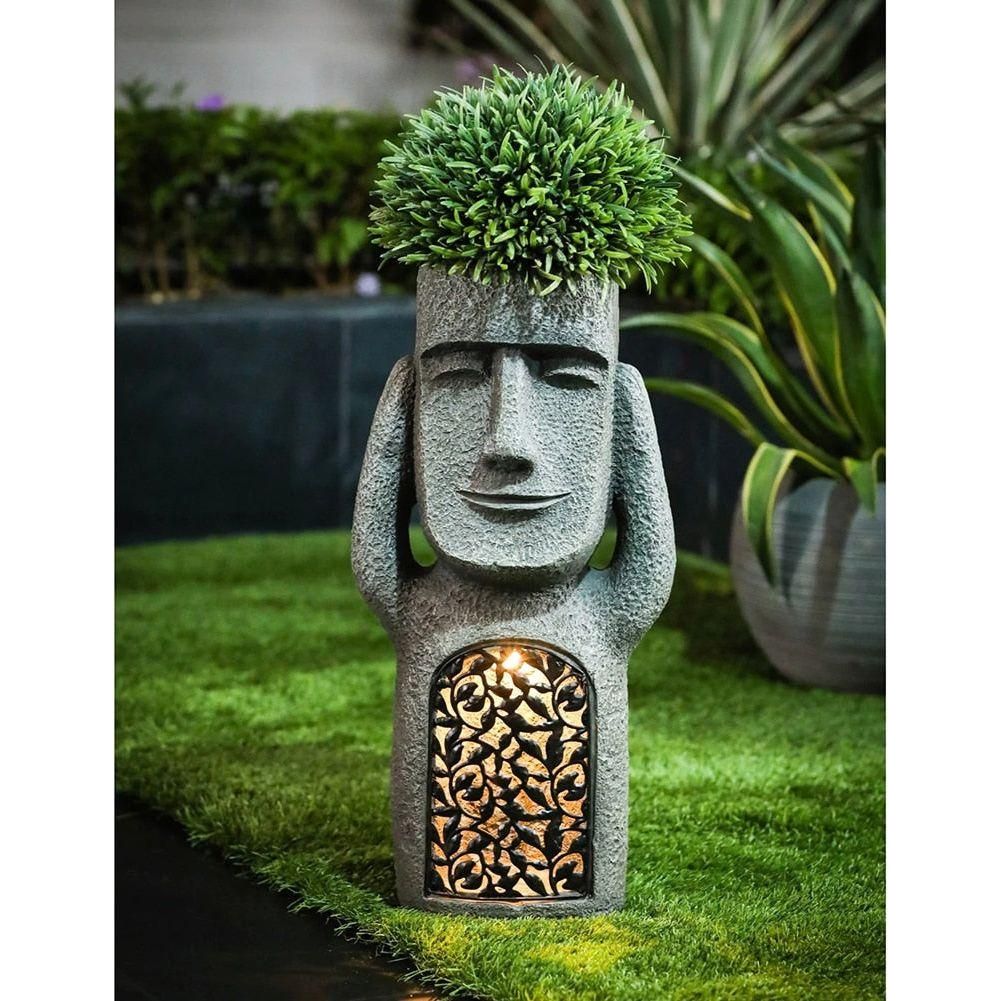 Moai Solar Light Garden Planter with Drainage Hole, 25 cm