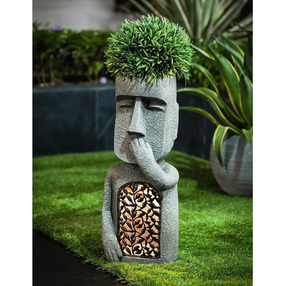 Moai Solar Light Garden Planter with Drainage Hole, 25 cm