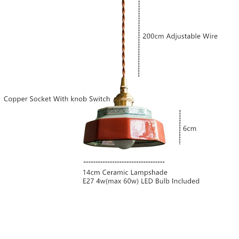 Hand-Painted Ceramic Pendant Light with Copper Fitting, 14cm