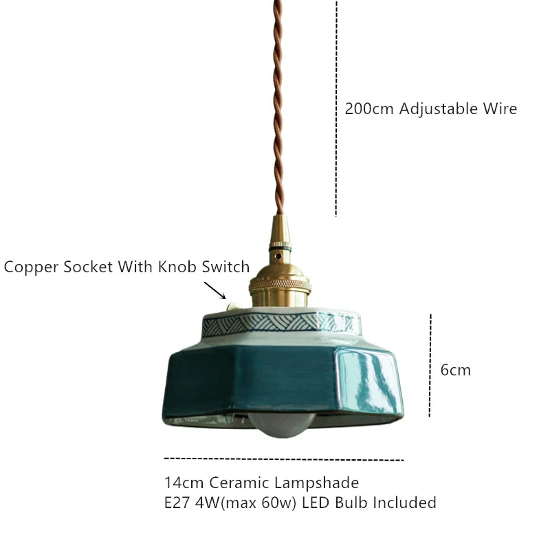 Hand-Painted Ceramic Pendant Light with Copper Fitting, 14cm