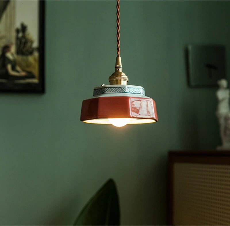 Hand-Painted Ceramic Pendant Light with Copper Fitting, 14cm