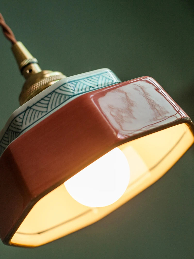 Hand-Painted Ceramic Pendant Light with Copper Fitting, 14cm