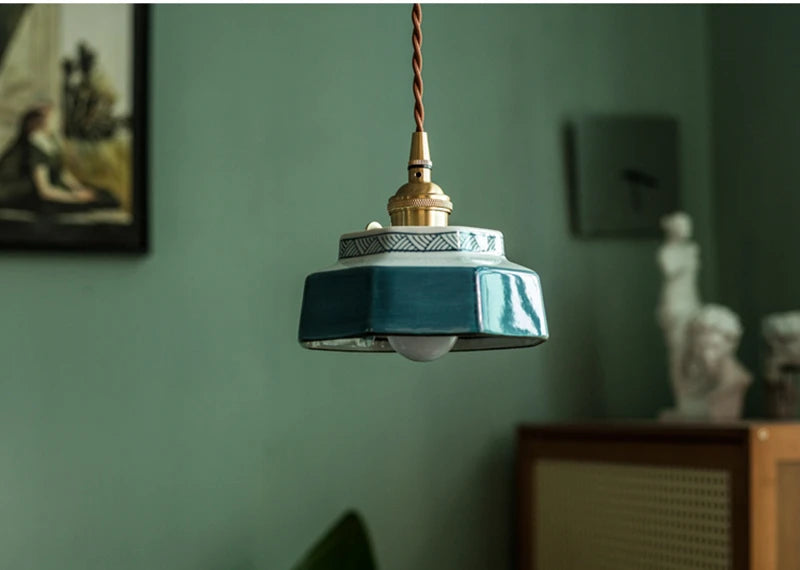 Hand-Painted Ceramic Pendant Light with Copper Fitting, 14cm