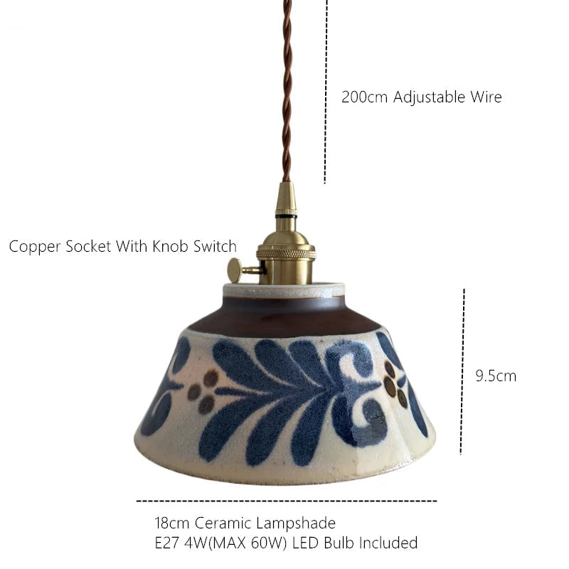 Hand-Painted Floral Ceramic Pendant Light, Copper Finish