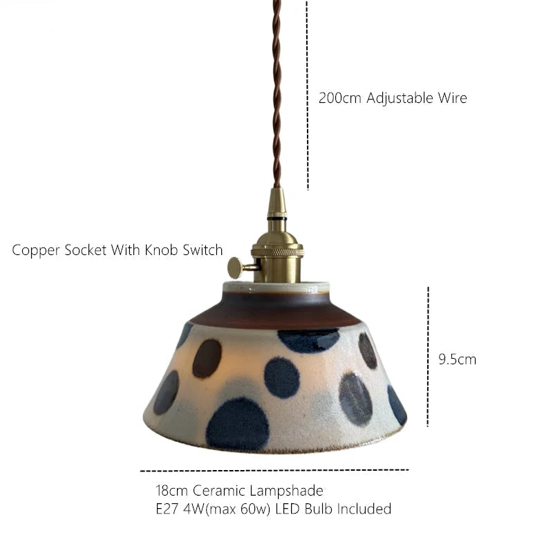 Hand-Painted Floral Ceramic Pendant Light, Copper Finish