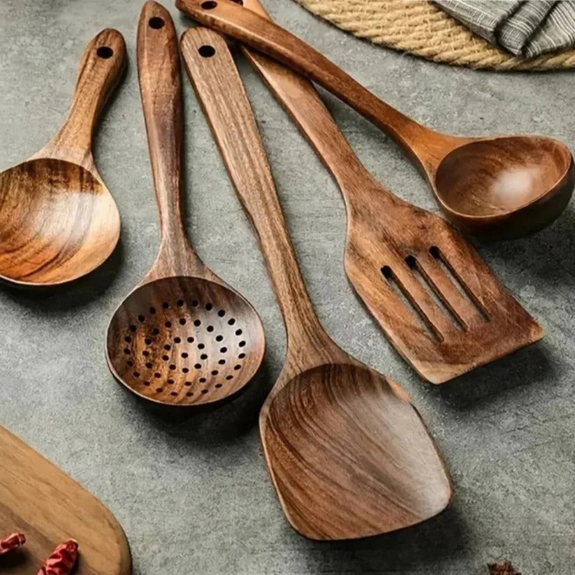 Acacia Wood Cooking and Serving Utensil Set, 5 to 10 Pieces