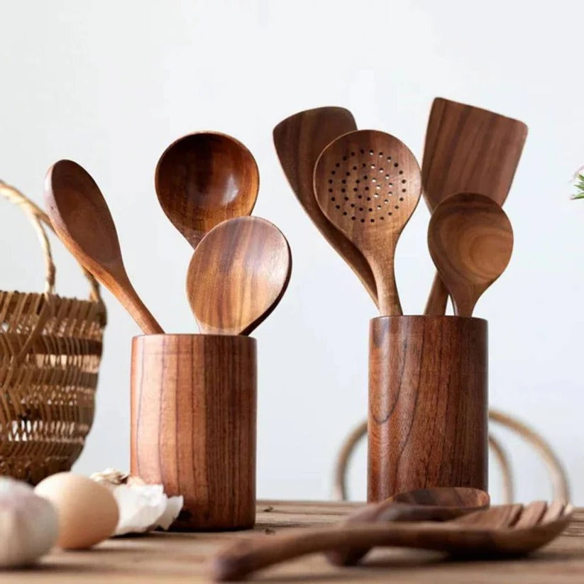 Acacia Wood Cooking and Serving Utensil Set, 5 to 10 Pieces