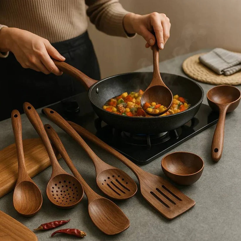 Acacia Wood Cooking and Serving Utensil Set, 5 to 10 Pieces