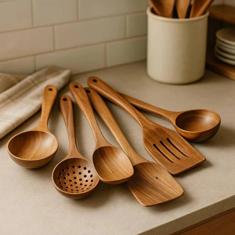 Acacia Wood Cooking and Serving Utensil Set, 5 to 10 Pieces