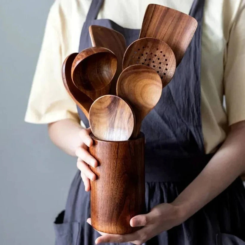 Acacia Wood Cooking and Serving Utensil Set, 5 to 10 Pieces