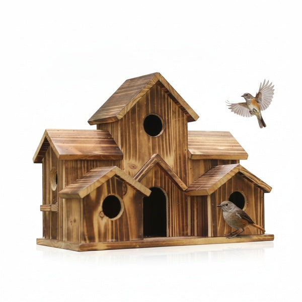 Rustic Hanging Wooden Bird House with Six Entrance Holes