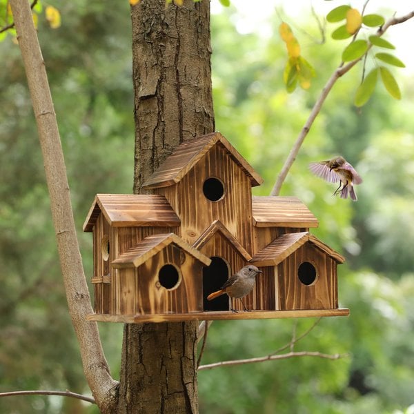 Rustic Hanging Wooden Bird House with Six Entrance Holes