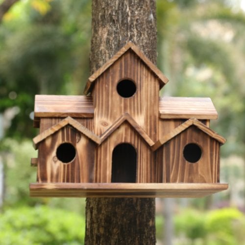 Rustic Hanging Wooden Bird House with Six Entrance Holes