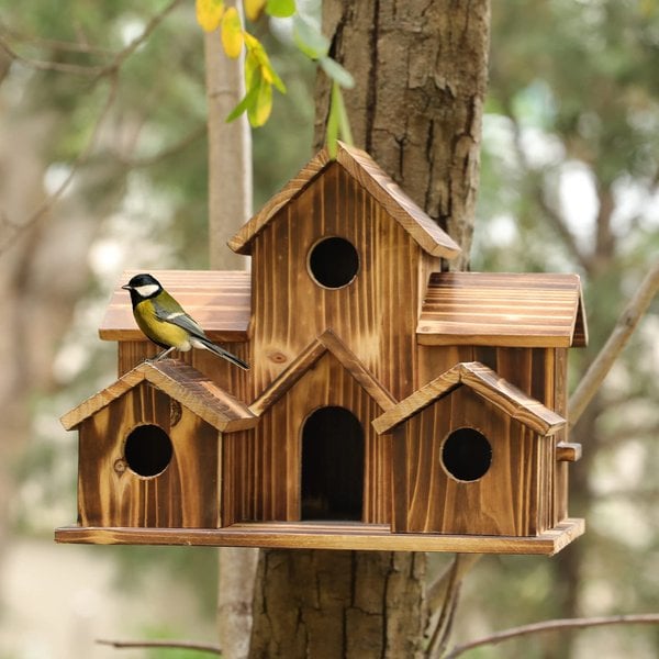 Rustic Hanging Wooden Bird House with Six Entrance Holes