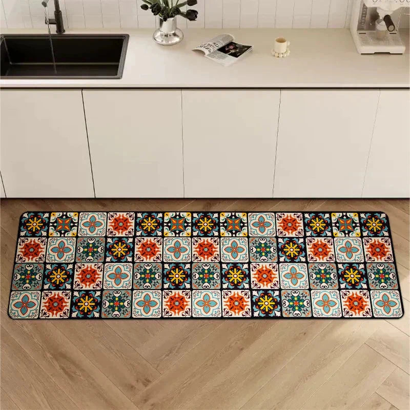 Anti-Slip Kitchen Rug Set with Tile Pattern, Machine Washable