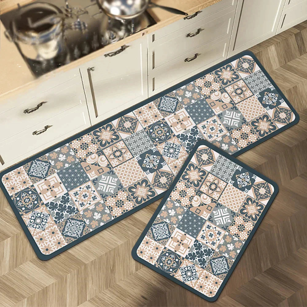 Anti-Slip Kitchen Rug Set with Tile Pattern, Machine Washable