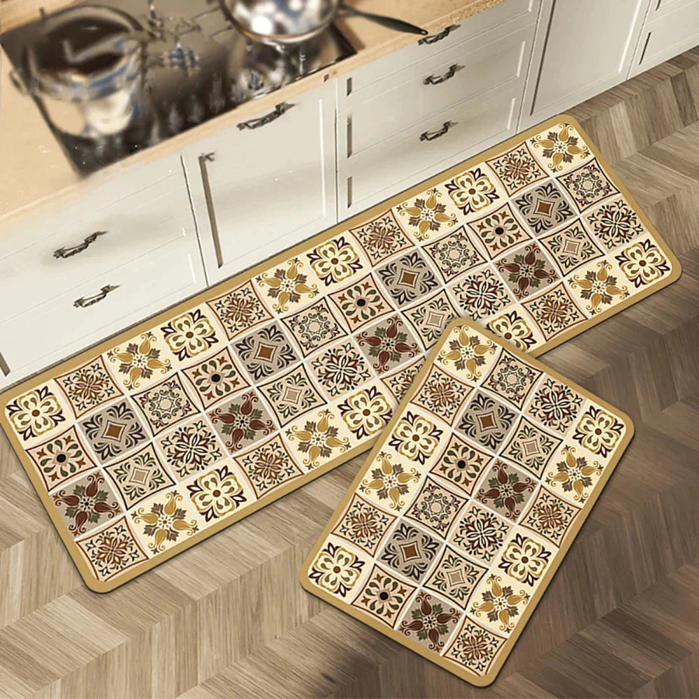 Anti-Slip Kitchen Rug Set with Tile Pattern, Machine Washable