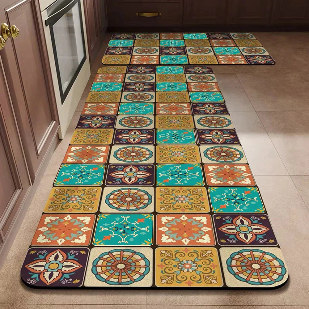 Anti-Slip Kitchen Rug Set with Tile Pattern, Machine Washable