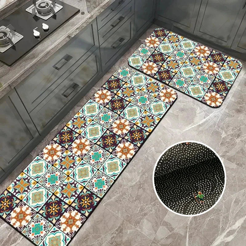 Anti-Slip Kitchen Rug Set with Tile Pattern, Machine Washable
