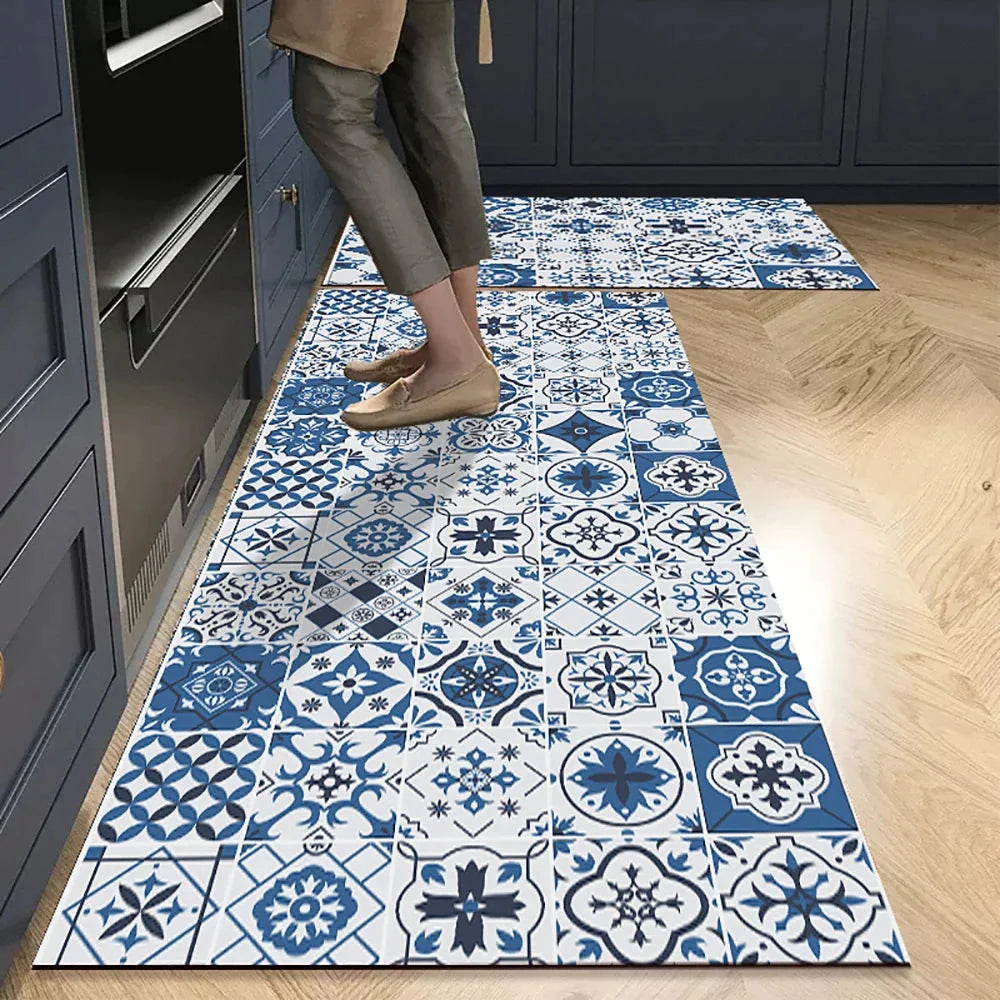 Anti-Slip Kitchen Rug Set with Tile Pattern, Machine Washable